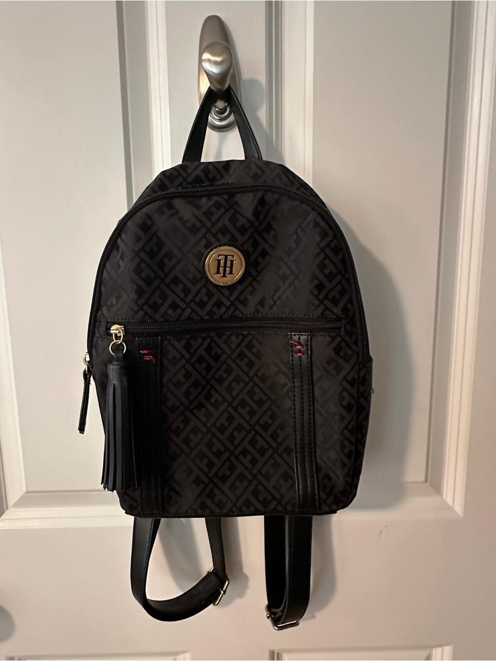 Tommy Hilfiger Black Monogram Mini Backpack with Tassel